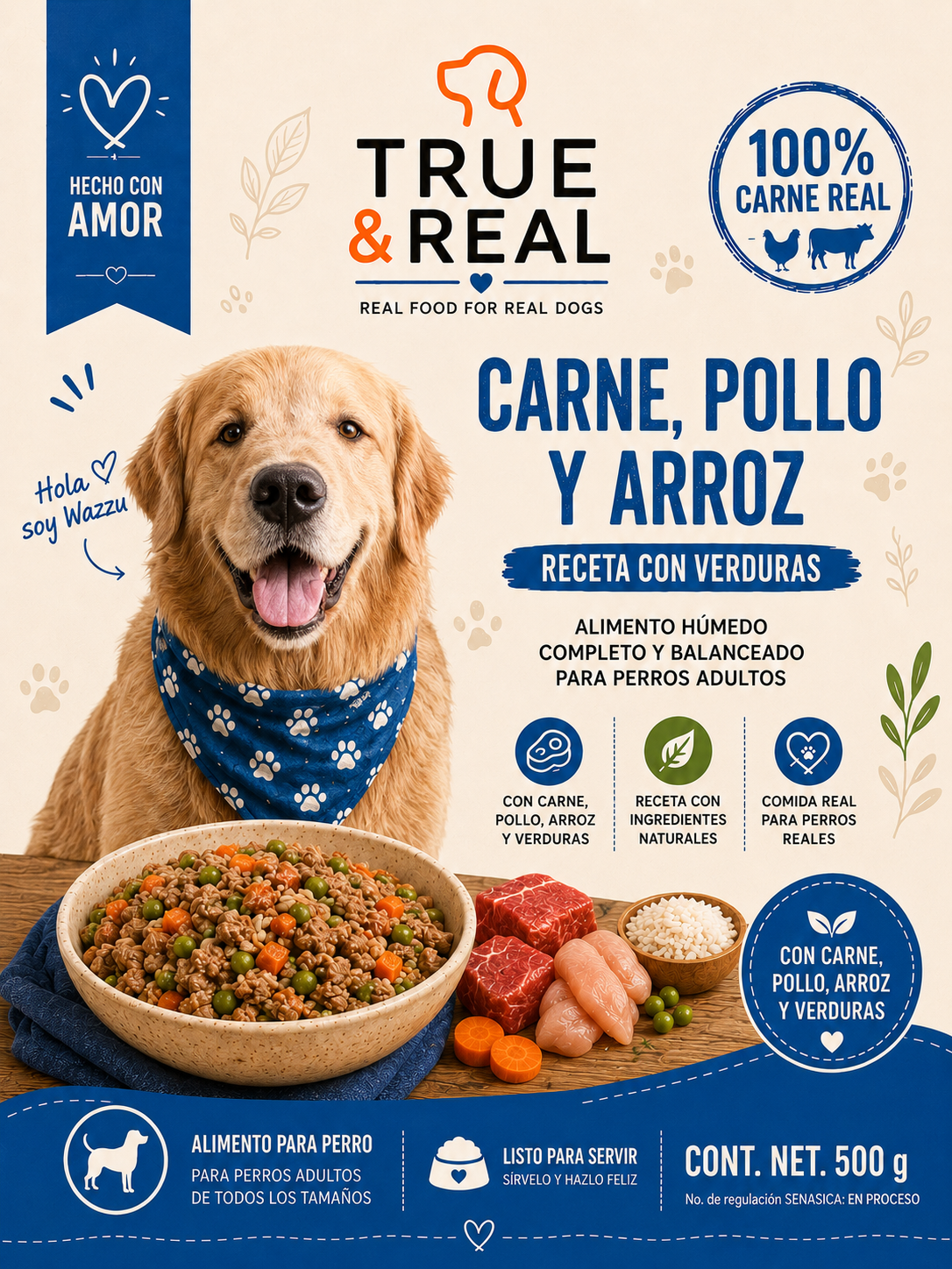 Portada True & Real carne, pollo y arroz con verduras para perros adultos, 500 g