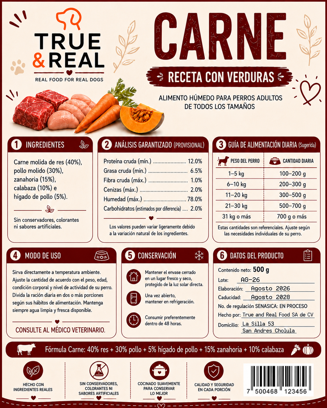 Alimento natural para perros de res y pollo con verduras 500 g | True & Real