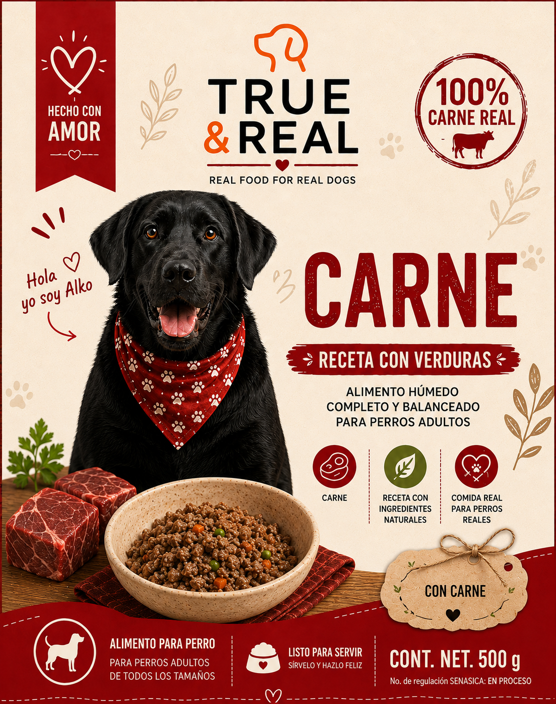 Alimento natural para perros de res y pollo con verduras 500 g | True & Real
