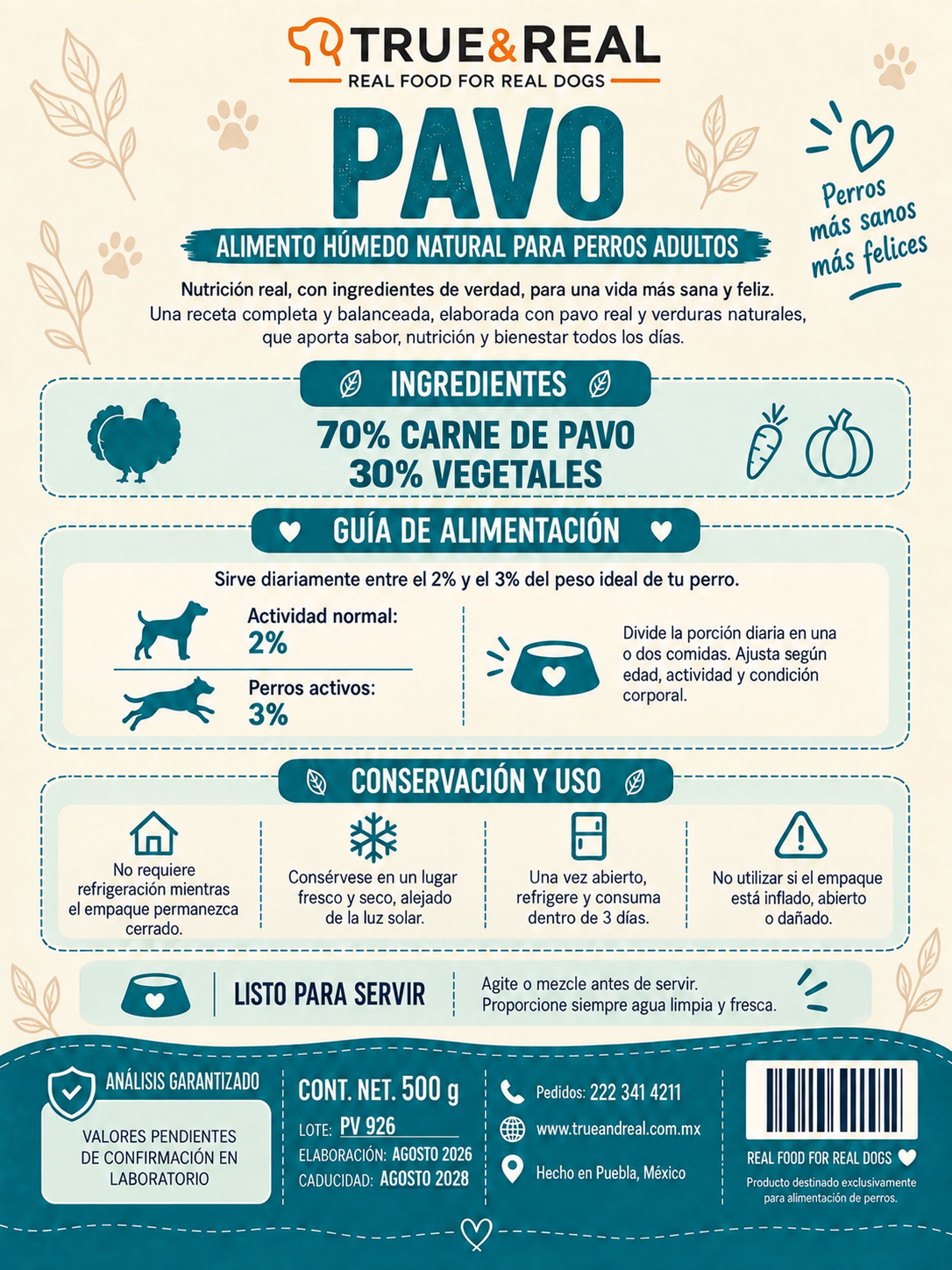 Etiqueta posterior True & Real pavo con ingredientes e instrucciones de conservación
