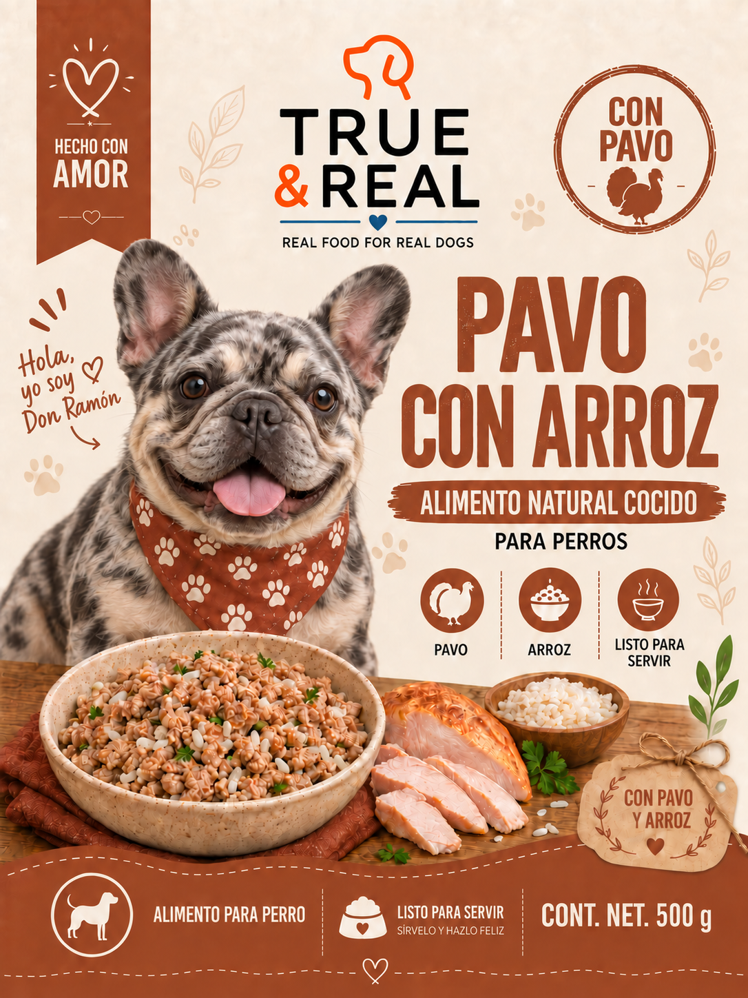 Portada True & Real pavo con arroz alimento natural cocido para perros, 500 g
