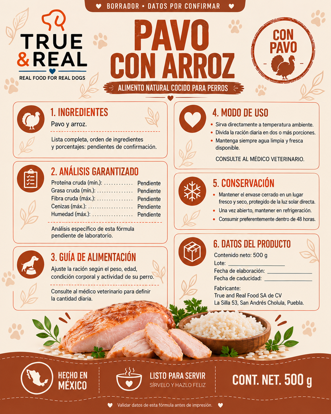 Etiqueta provisional True & Real pavo con arroz, datos pendientes de confirmación