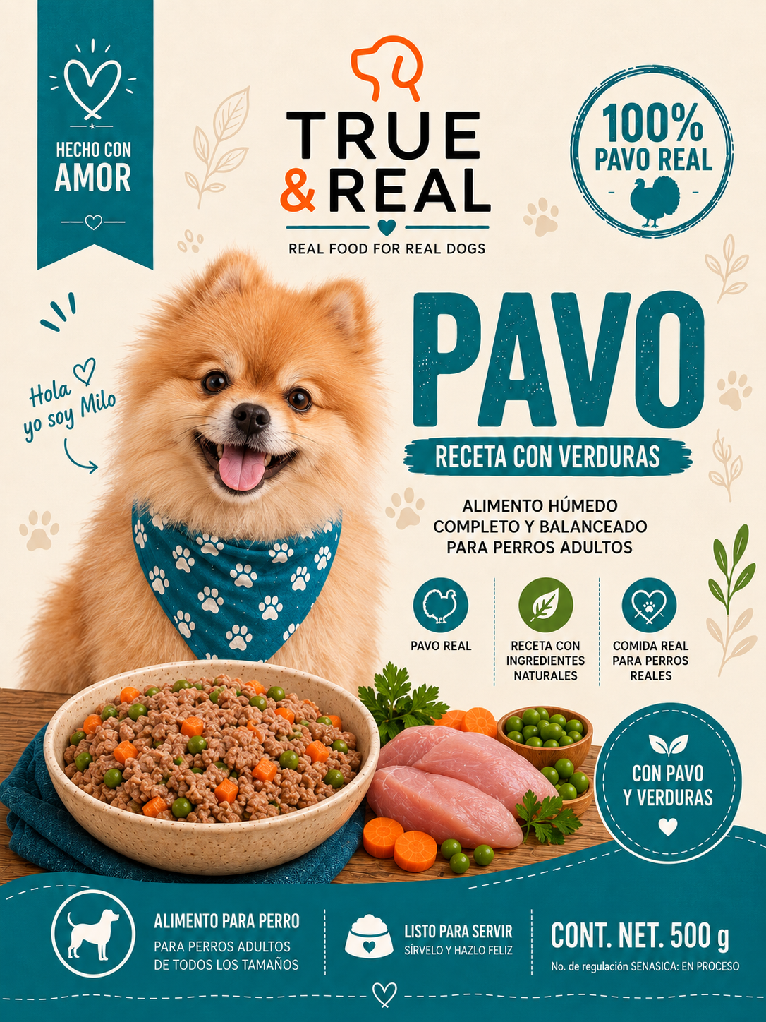 Portada True & Real alimento de pavo con verduras para perros adultos, 500 g