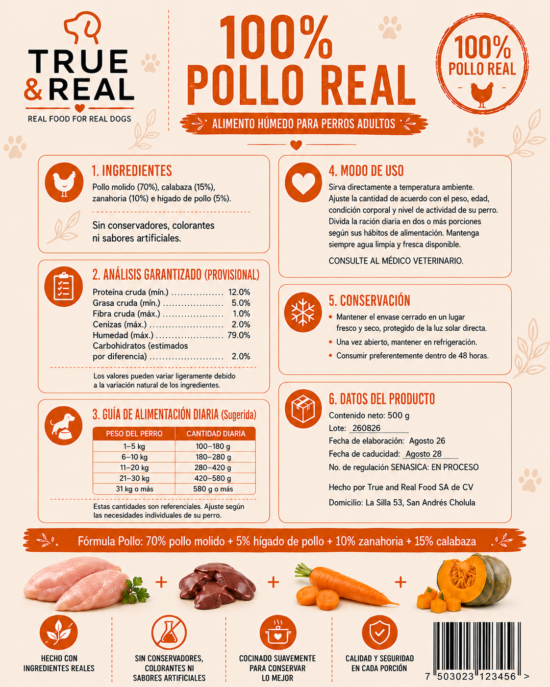 Alimento natural para perros de pollo con verduras 500 g | True & Real