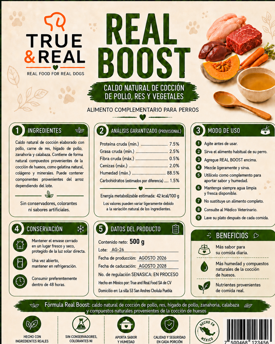 Etiqueta posterior Real Boost con ingredientes, modo de uso y conservación