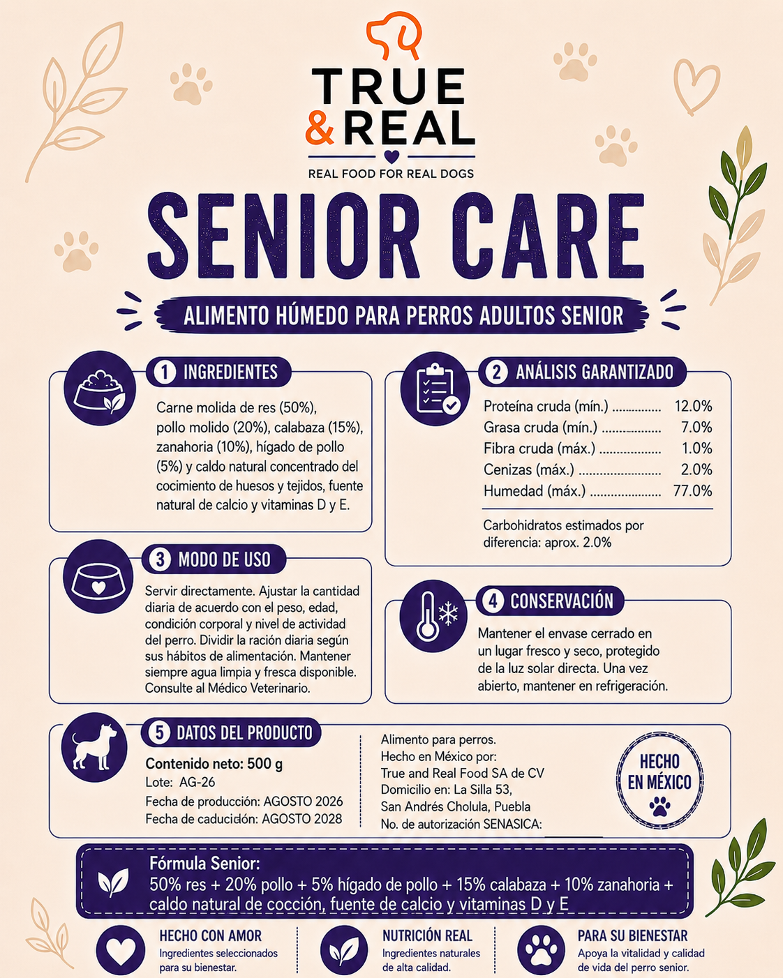 Alimento natural para perros senior Senior Care 500 g | True & Real