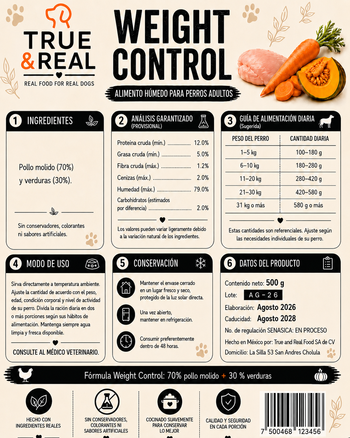 Etiqueta posterior True & Real Weight Control con ingredientes e instrucciones