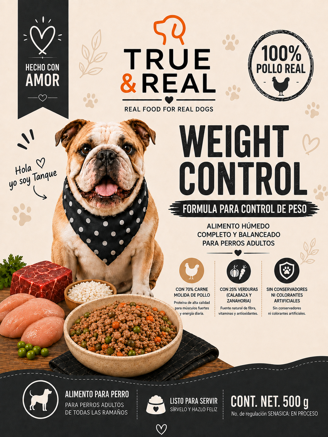Portada True & Real Weight Control alimento húmedo para perros adultos, 500 g